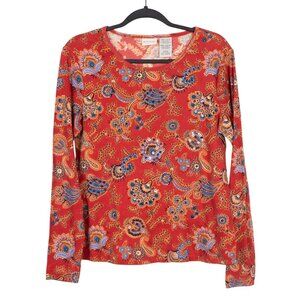 White Stag Shirt L 12 14 Womens Red Paisley Long Sleeve Cotton Beads Sequins